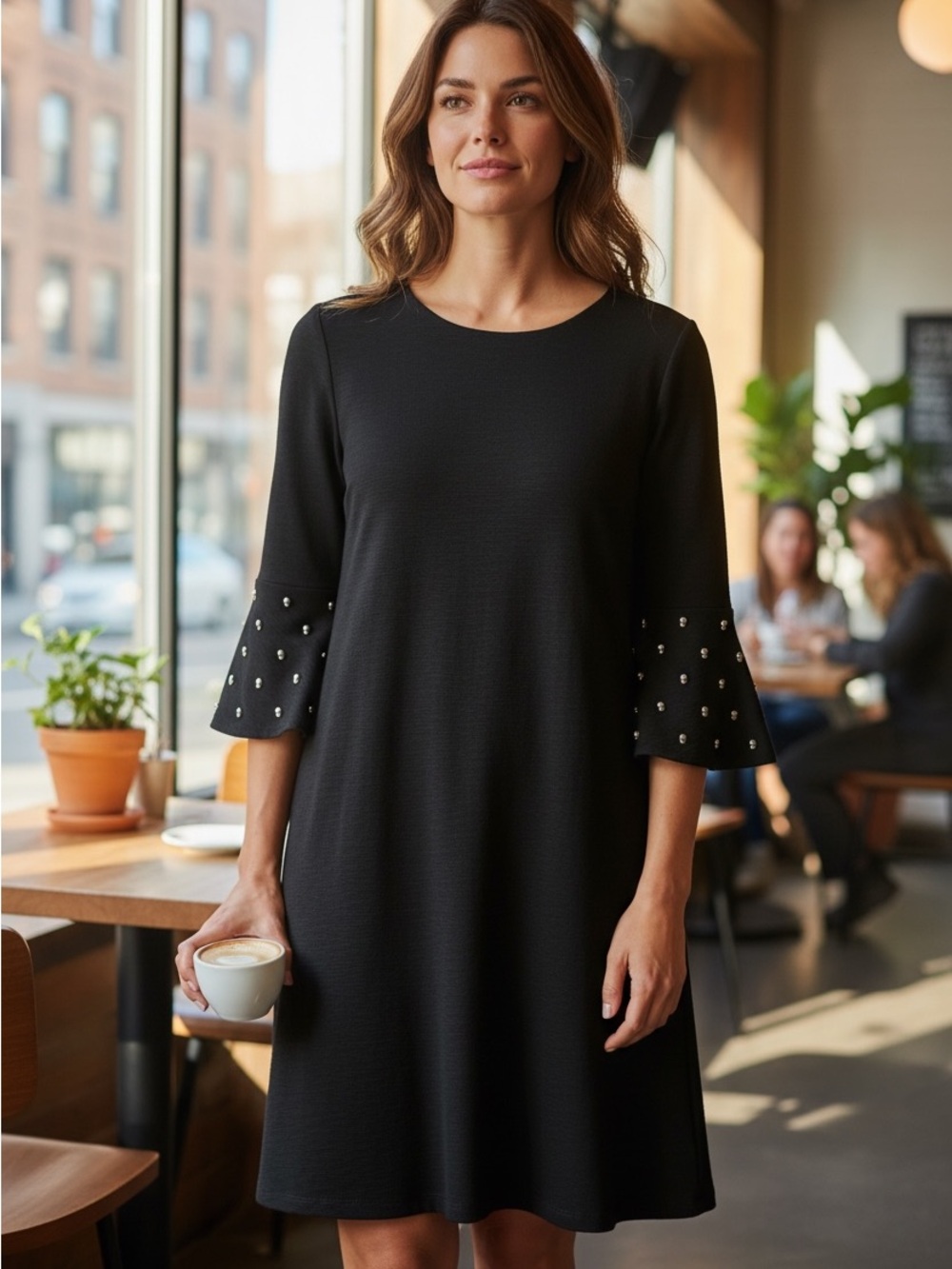 Pearl-Accent Black A-Line Mini Dress